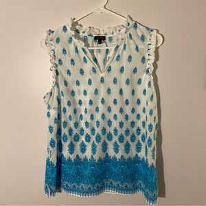 Talbots Blue White Print Sleeveless Blouse Ruffle Cap Sleeve 100% Cotton Large